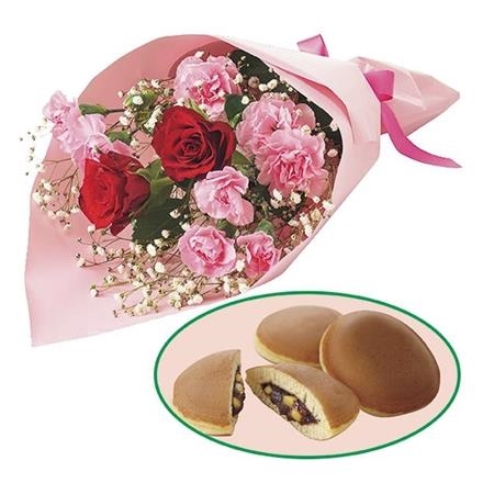 6014　花束「バラとスプレーカーネーション」　どら焼きセット